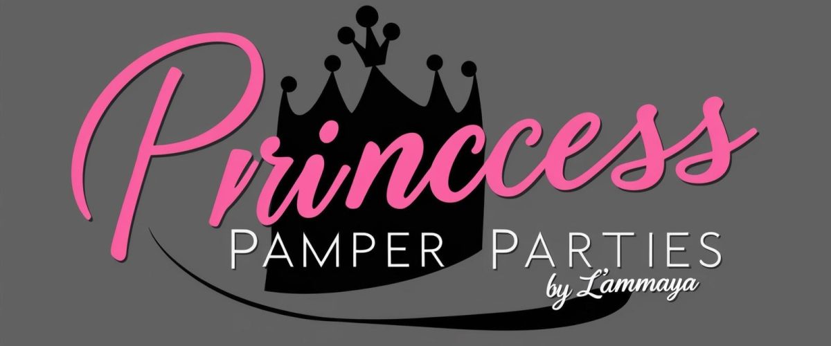 PRINCESS PAMPER PARTIES BY L'AMMAYA. TEXT ONLY. PINK WITH BLACK BACKGROUND